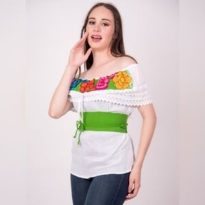 Mexican Off the Shoulder Zinacantan Blouse White
